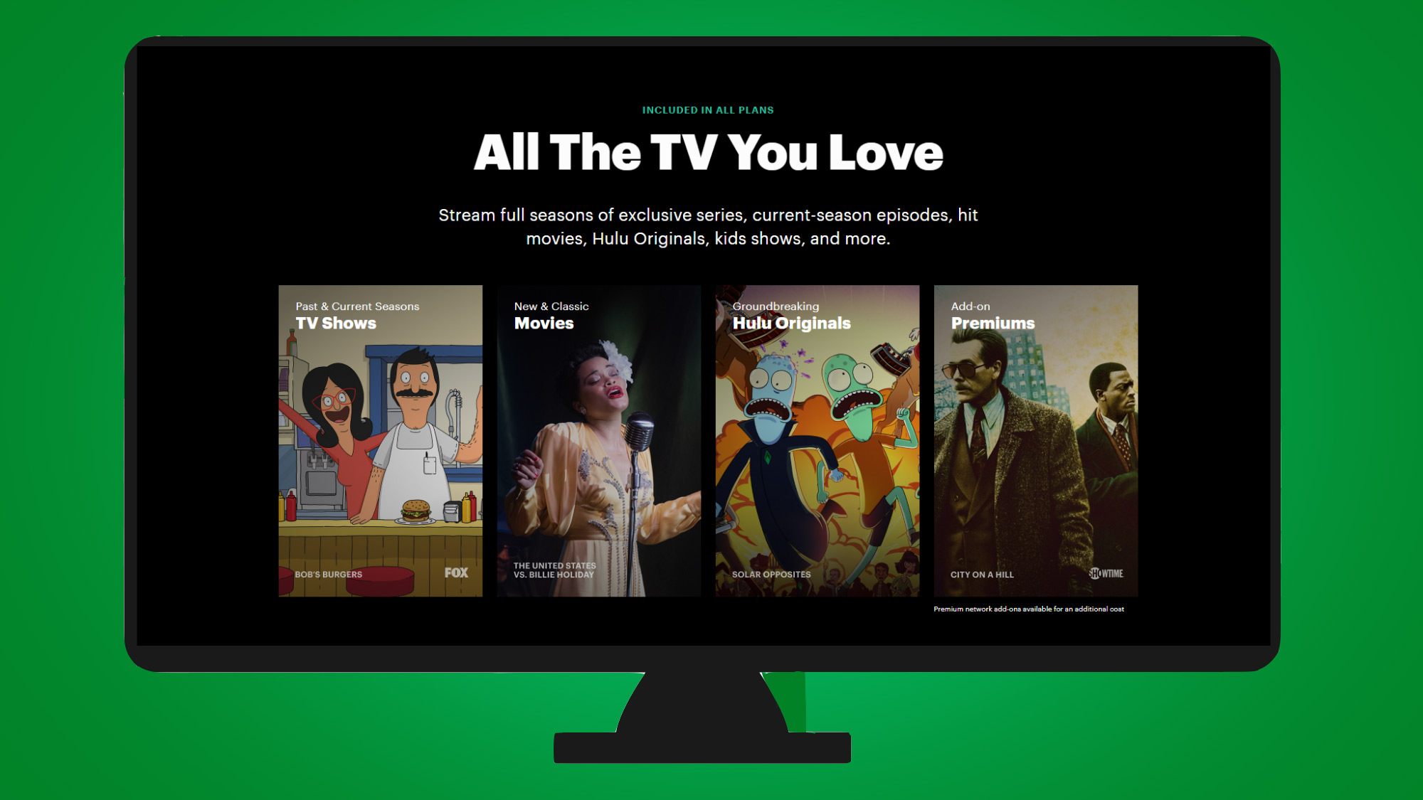 A bunch of Hulu TV show stills shown on a TV