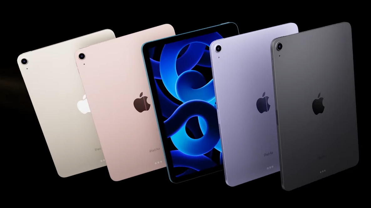 Five iPad Air 2022s in four different colors, gold, pink, purple and black.