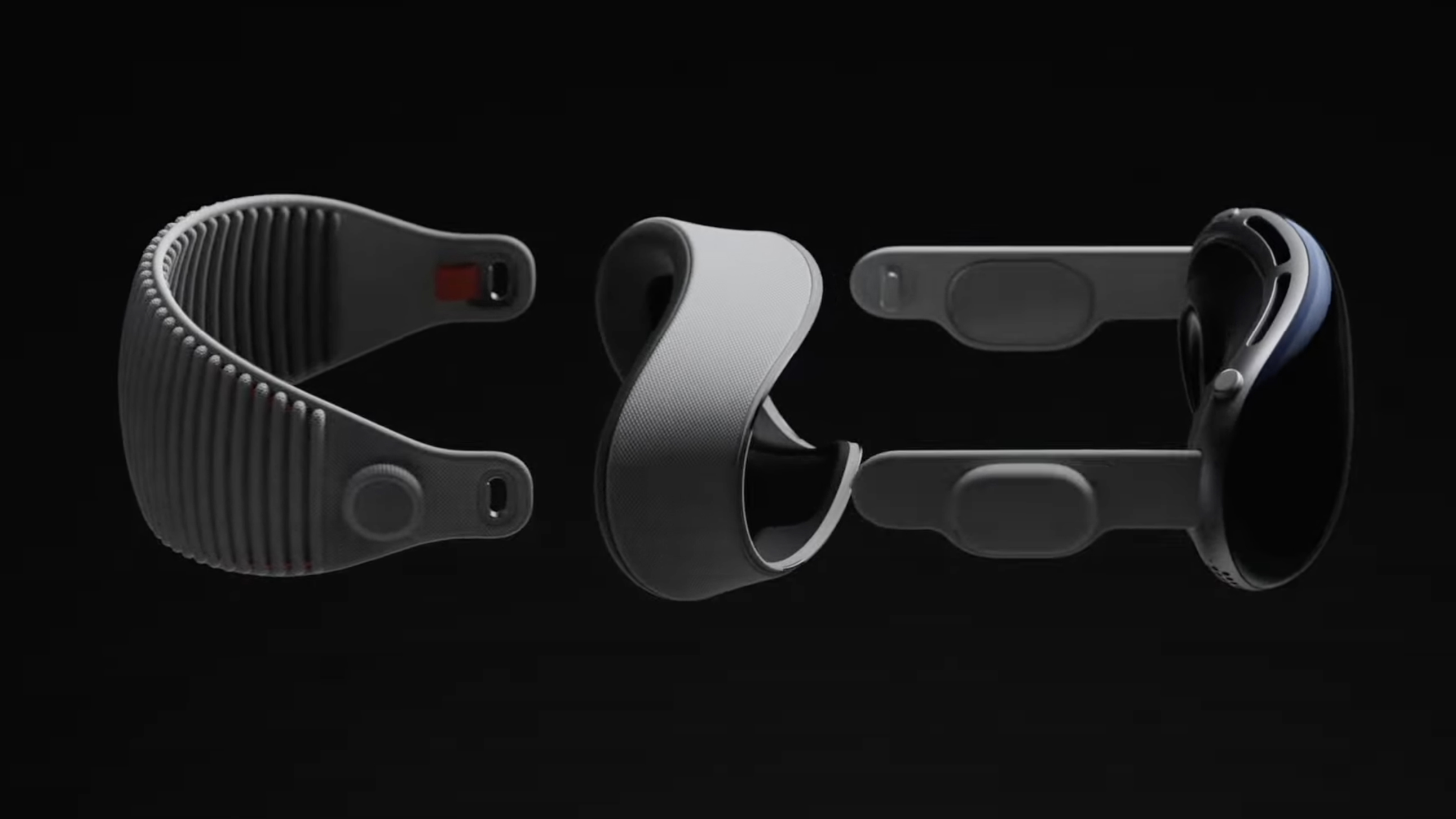 The Apple Vision Pro headset split into three parts on a black background