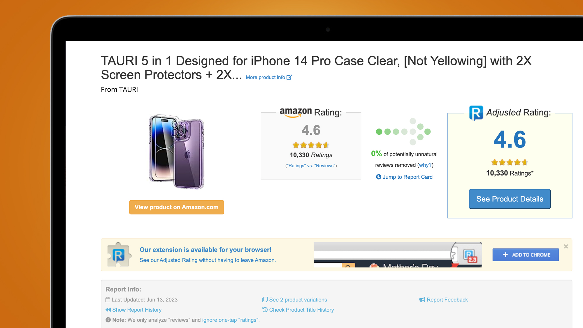 A laptop screen on an orange background showing an Amazon review in the website ReviewMeta